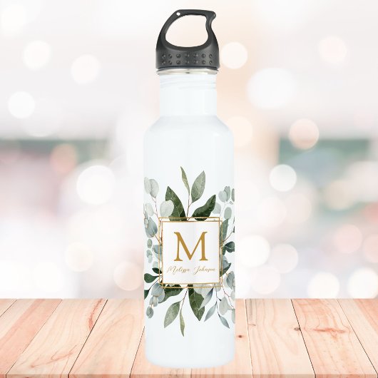 Monogram Watercolor Tropical Green Leaves Waterfles