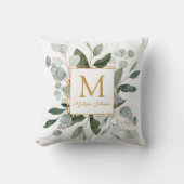 Monogram Watercolor Tropical Green Leaves White Kussen (Voorkant)