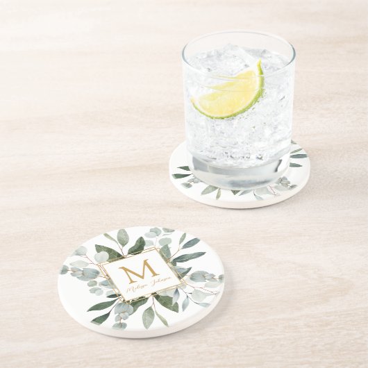 Monogram Watercolor Tropical Green Leaves Zandsteen Onderzetter (Zijkant)