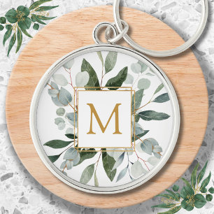 Monogram Watercolor Tropische Groene Bladeren Sleutelhanger