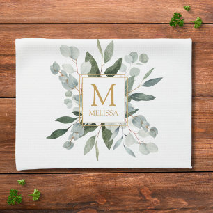 Monogram Watercolor Tropische Groene Bladeren Wit Theedoek