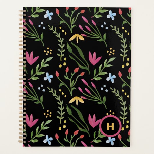 Monogram Watercolor Wilde Bloem Zwart Botanisch Planner (Voorkant)