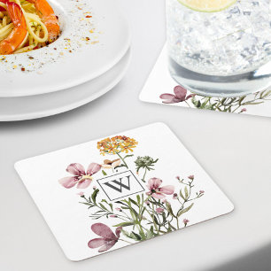 Monogram Watercolor Wildflower Boeket #1 Kartonnen Onderzetters