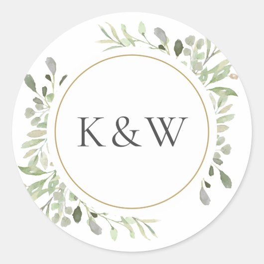 Monogram Watercolour Groenery Bruidsgunst Ronde Sticker (Voorkant)