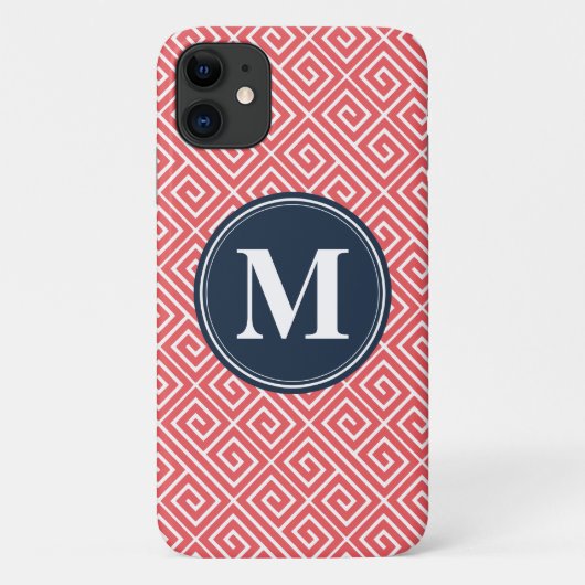 Monogram watermeloen roze Grieks sleutelpatroon Case-Mate iPhone Case (Achterkant)