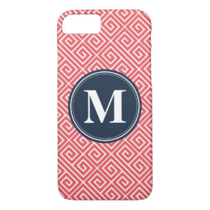 Monogram watermeloen roze Grieks sleutelpatroon iPhone 8/7 Hoesje
