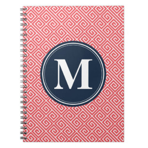 Monogram watermeloen roze Grieks sleutelpatroon Notitieboek