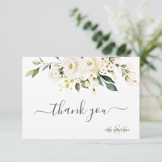 Monogram Waterverf Alabaster Rozen Bedankkaart (Staand voorkant)