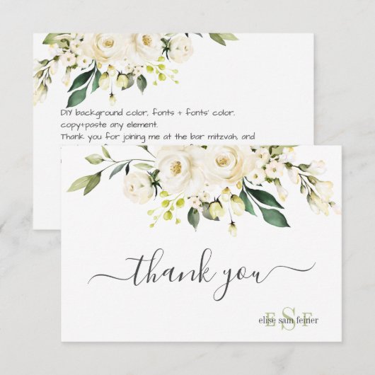 Monogram Waterverf Alabaster Rozen Bedankkaart (Voorkant / Achterkant)