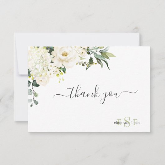 Monogram Waterverf Alabaster Rozen Hydrangea Bedankkaart (Voorkant)