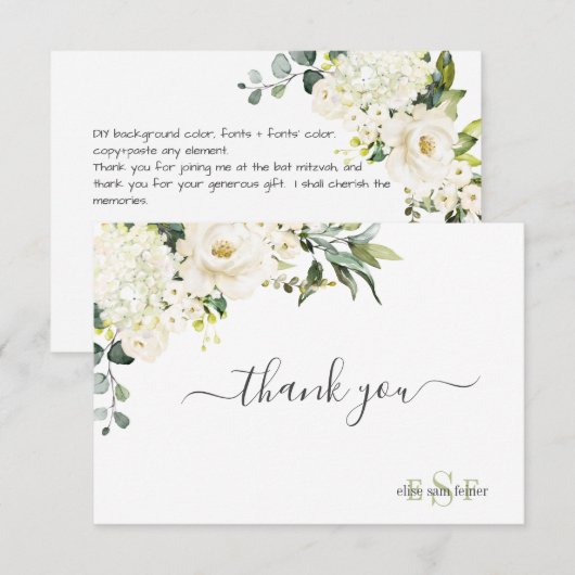 Monogram Waterverf Alabaster Rozen Hydrangea Bedankkaart (Voorkant / Achterkant)