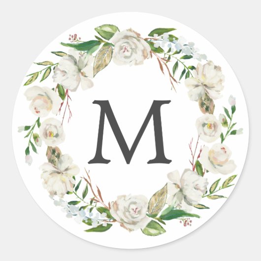 Monogram Waterverf Antiek Wit Bloemen Krans Ronde Sticker (Voorkant)