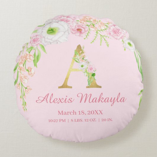 Monogram Waterverf Baby Statistieken Rond Kussen (Voorkant)