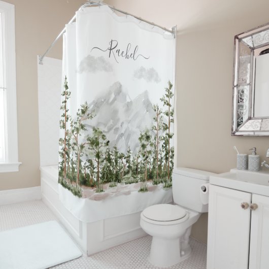 Monogram Waterverf Berg en Bos Douchegordijn (In situ)