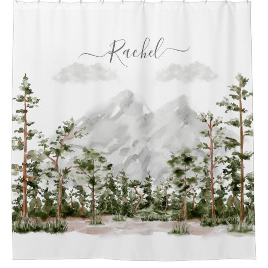 Monogram Waterverf Berg en Bos Douchegordijn (Voorkant)