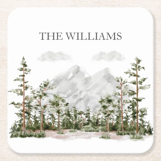 Monogram Waterverf Berg en Bos Kartonnen Onderzetters (Voorkant)