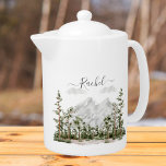 Monogram Waterverf Berg en Bos Theepot<br><div class="desc">Snip in stijl met onze Monogrammed Waterverf Mountain en Forest Theepot! Personaliseer het met je monogram,  en geniet van de mix van rustieke charme en natuur vibes. Ideaal voor theeliefhebbers die een vleugje gepersonaliseerde elegantie waarderen.</div>