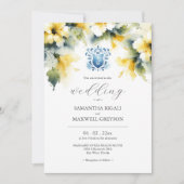 Monogram Waterverf Blauw en Geel Bruiloft Kaart (Voorkant)