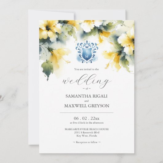 Monogram Waterverf Blauw en Geel Bruiloft Kaart (Voorkant)