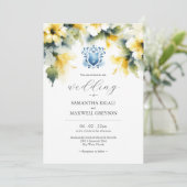 Monogram Waterverf Blauw en Geel Bruiloft Kaart (Staand voorkant)
