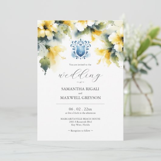 Monogram Waterverf Blauw en Geel Bruiloft Kaart (Staand voorkant)