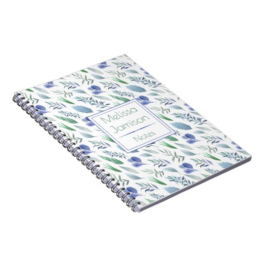 Monogram waterverf Blauw en Groene Bladeren | Notitieboek (Rechterzijde)