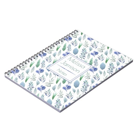 Monogram waterverf Blauw en Groene Bladeren | Notitieboek (Linkerzijde)