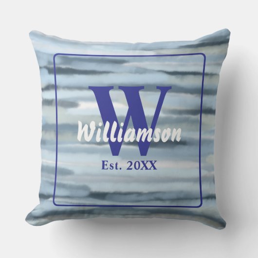 Monogram waterverf blauw grijs strepen nautisch kussen (Voorkant)