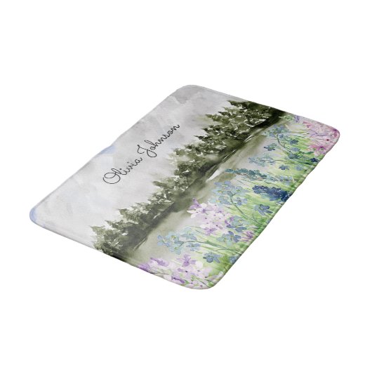 Monogram Waterverf Blauw Paarse Bloemenweide Badmat (Gekanteld)
