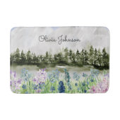 Monogram Waterverf Blauw Paarse Bloemenweide Badmat (Voorkant)