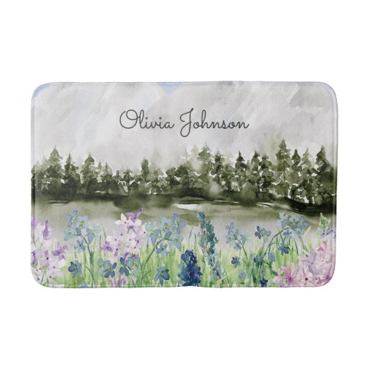 Monogram Waterverf Blauw Paarse Bloemenweide Badmat (Voorkant)