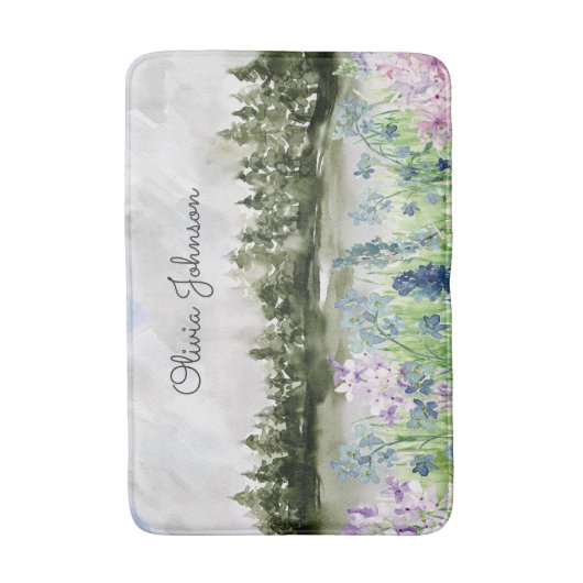 Monogram Waterverf Blauw Paarse Bloemenweide Badmat (Voorkant Verticaal)