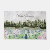 Monogram Waterverf Blauw Paarse Bloemenweide Deurmat (Voorkant)