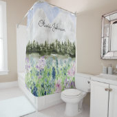 Monogram Waterverf Blauw Paarse Bloemenweide Douchegordijn (In situ)