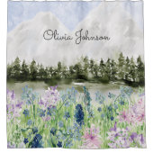 Monogram Waterverf Blauw Paarse Bloemenweide Douchegordijn (Voorkant)