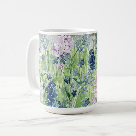 Monogram Waterverf Blauw Paarse Bloemenweide Koffiemok (Voorkant links)
