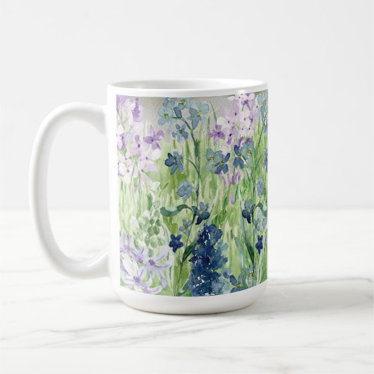 Monogram Waterverf Blauw Paarse Bloemenweide Koffiemok (Links)
