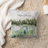 Monogram Waterverf Blauw Paarse Bloemenweide Kussen (Deken)