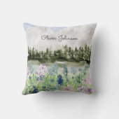 Monogram Waterverf Blauw Paarse Bloemenweide Kussen (Achterkant)