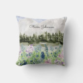 Monogram Waterverf Blauw Paarse Bloemenweide Kussen (Voorkant)