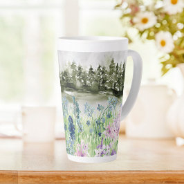 Monogram Waterverf Blauw Paarse Bloemenweide Latte Mok