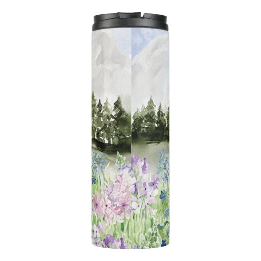 Monogram Waterverf Blauw Paarse Bloemenweide Thermosbeker (Achterkant)