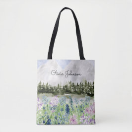 Monogram Waterverf Blauw Paarse Bloemenweide Tote Bag
