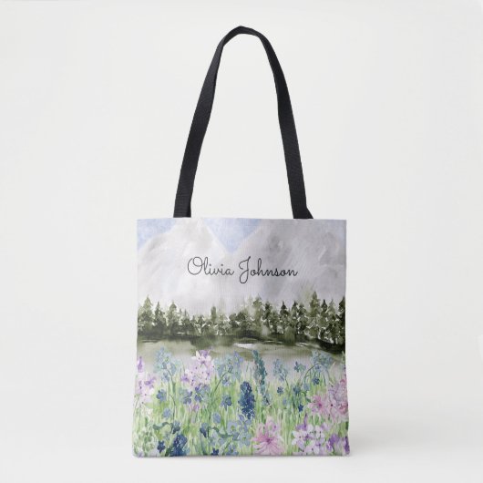 Monogram Waterverf Blauw Paarse Bloemenweide Tote Bag (Voorkant)