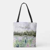 Monogram Waterverf Blauw Paarse Bloemenweide Tote Bag (Achterkant)