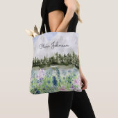 Monogram Waterverf Blauw Paarse Bloemenweide Tote Bag (Dichtbij)