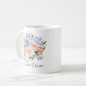 Monogram Waterverf Blauw Roze Lente Bloemen Koffiemok (Voorkant links)