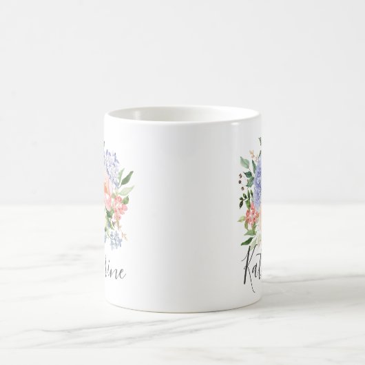 Monogram Waterverf Blauw Roze Lente Bloemen Koffiemok (Center)