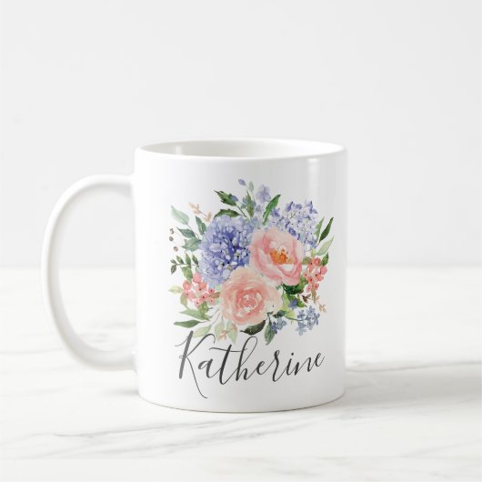 Monogram Waterverf Blauw Roze Lente Bloemen Koffiemok (Links)