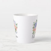 Monogram Waterverf Blauw Roze Lente Bloemen Latte Mok (Voorkant)